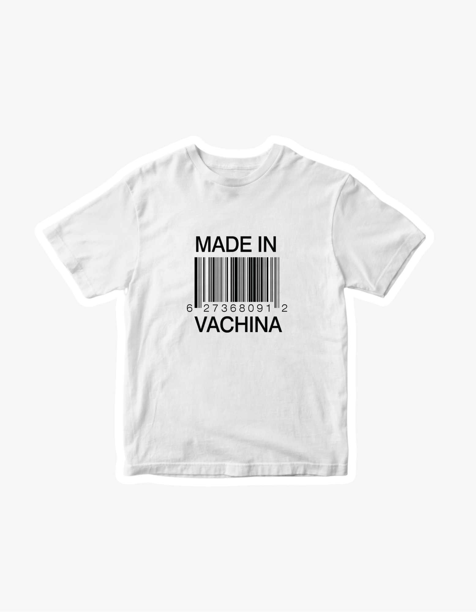 White 300 GSM boxy fit T-shirt with Made In Vachina barcode wordplay graphic printed in South Africa