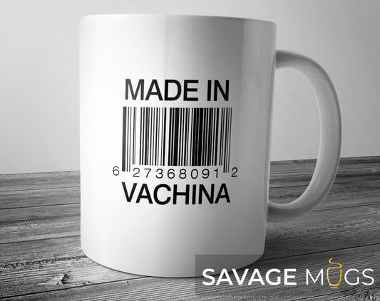 White ceramic mug with barcode graphic and funny Made in Vachina quote