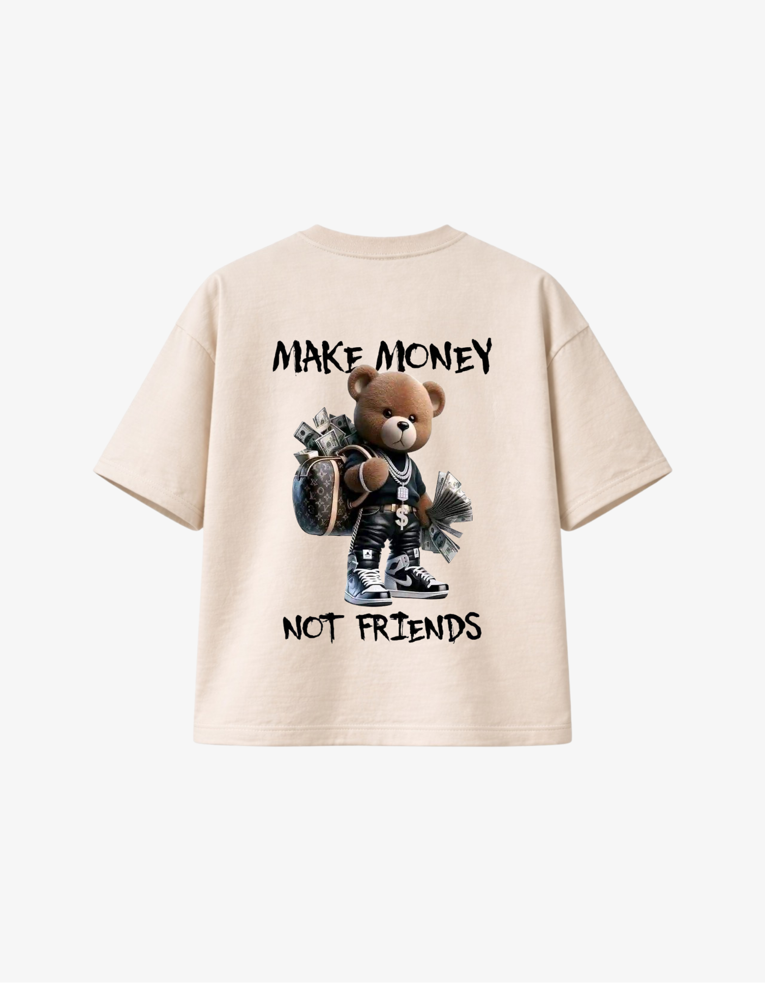 Beige 300 GSM boxy fit T-shirt with teddy bear holding money and Make Money Not Friends graphic printed in South Africa