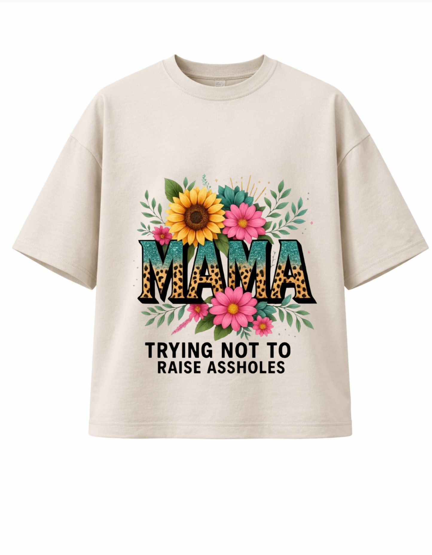 Beige 300 GSM heavyweight cotton t-shirt with floral mama quote design
