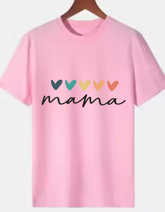 Pink 220 GSM medium weight cotton T-shirt with “mama” script and colourful heart design