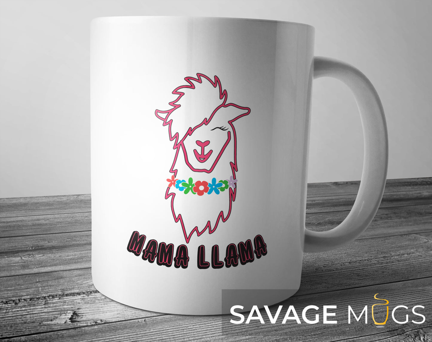 White ceramic mug with cute llama illustration and Mama Llama text design