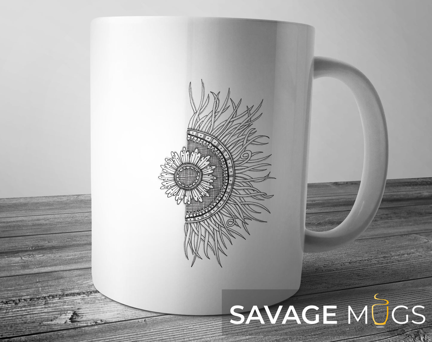 White ceramic mug with minimalist mandala sunflower line art design
