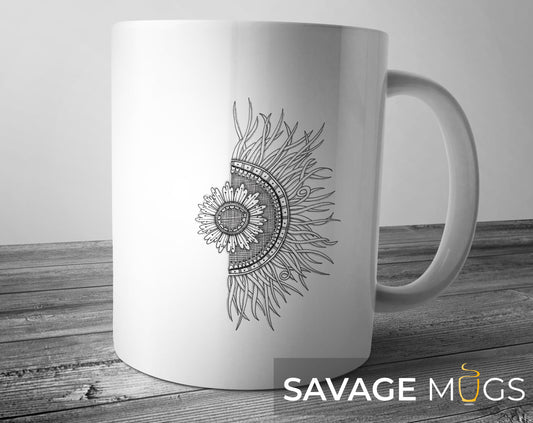White ceramic mug with minimalist mandala sunflower line art design