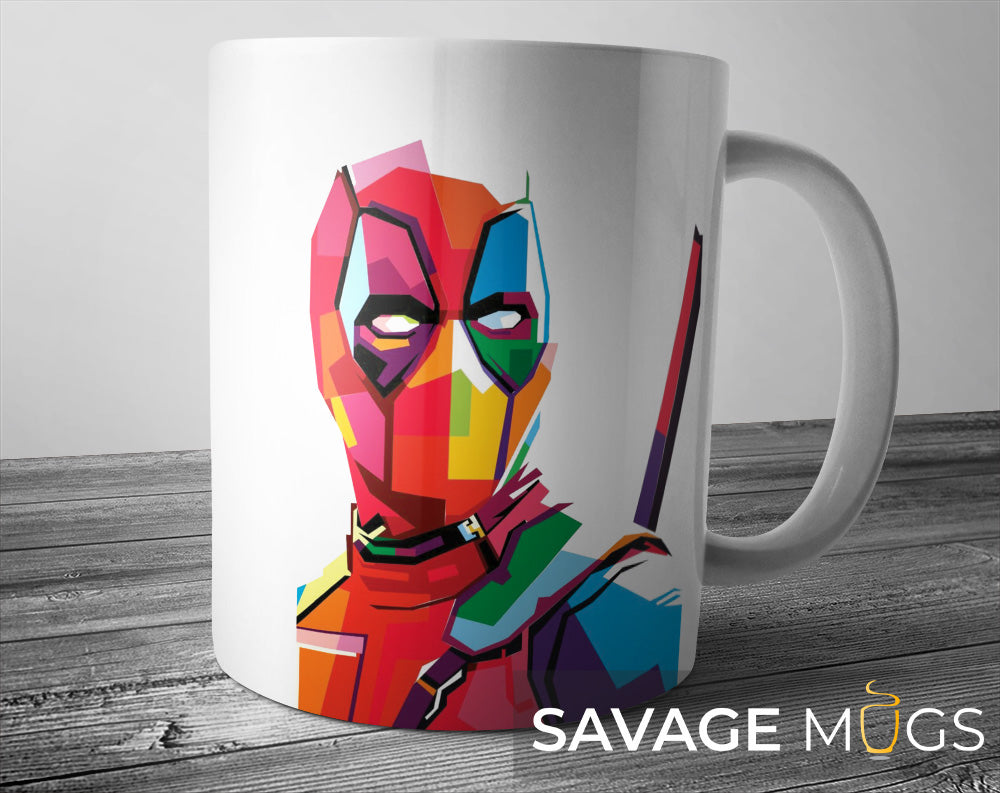 White ceramic mug featuring colourful geometric pop art masked anti-hero design