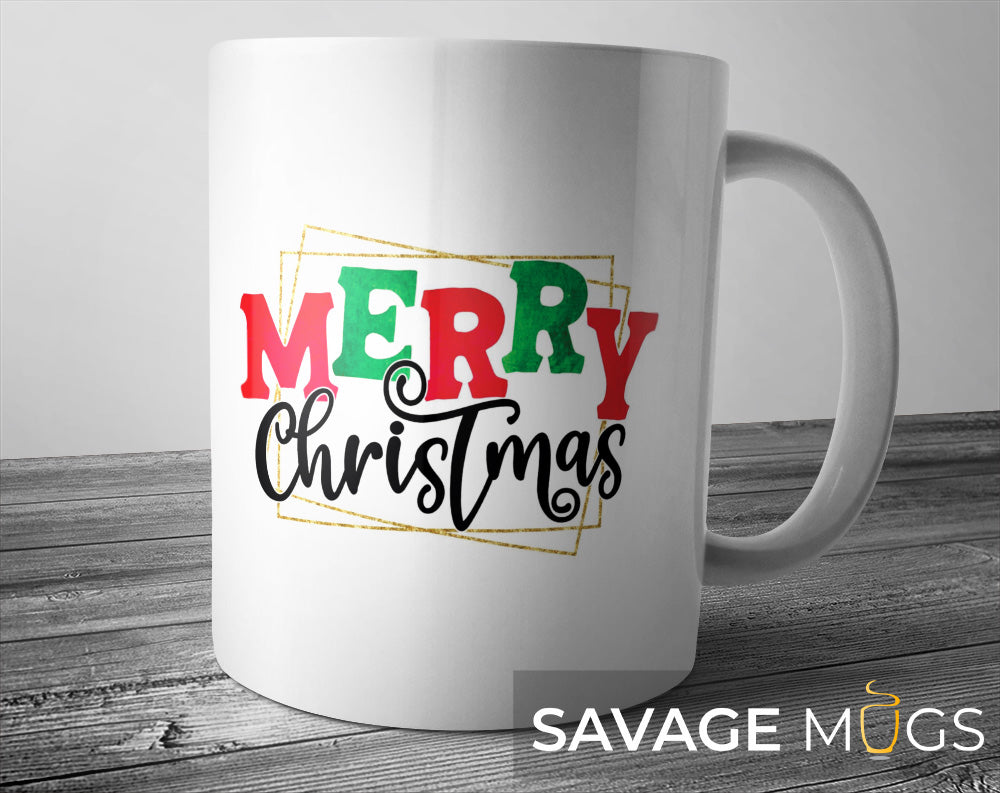 White ceramic mug with Merry Christmas festive holiday lettering