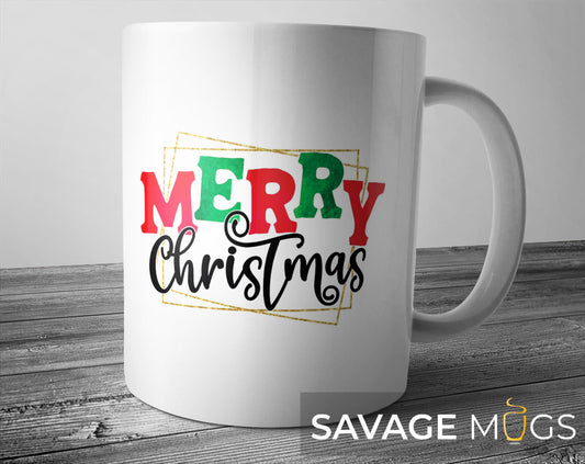 White ceramic mug with Merry Christmas festive holiday lettering