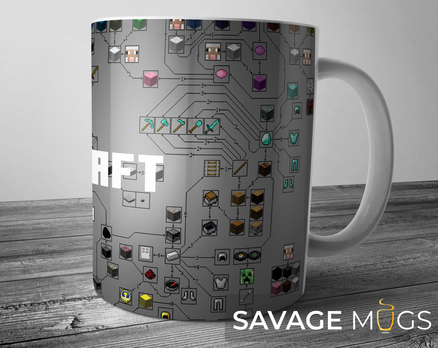 White ceramic mug with Minecraft crafting chart and pixel tool design