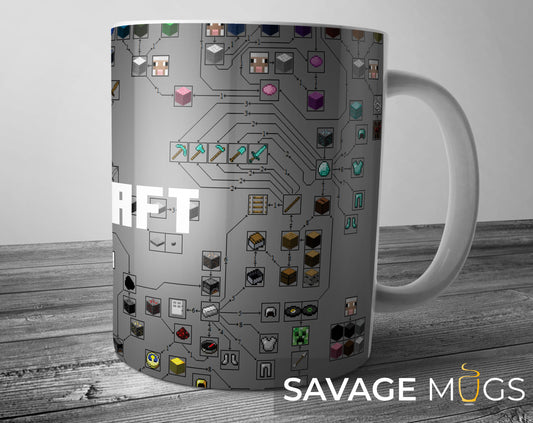 White ceramic mug with Minecraft crafting chart and pixel tool design