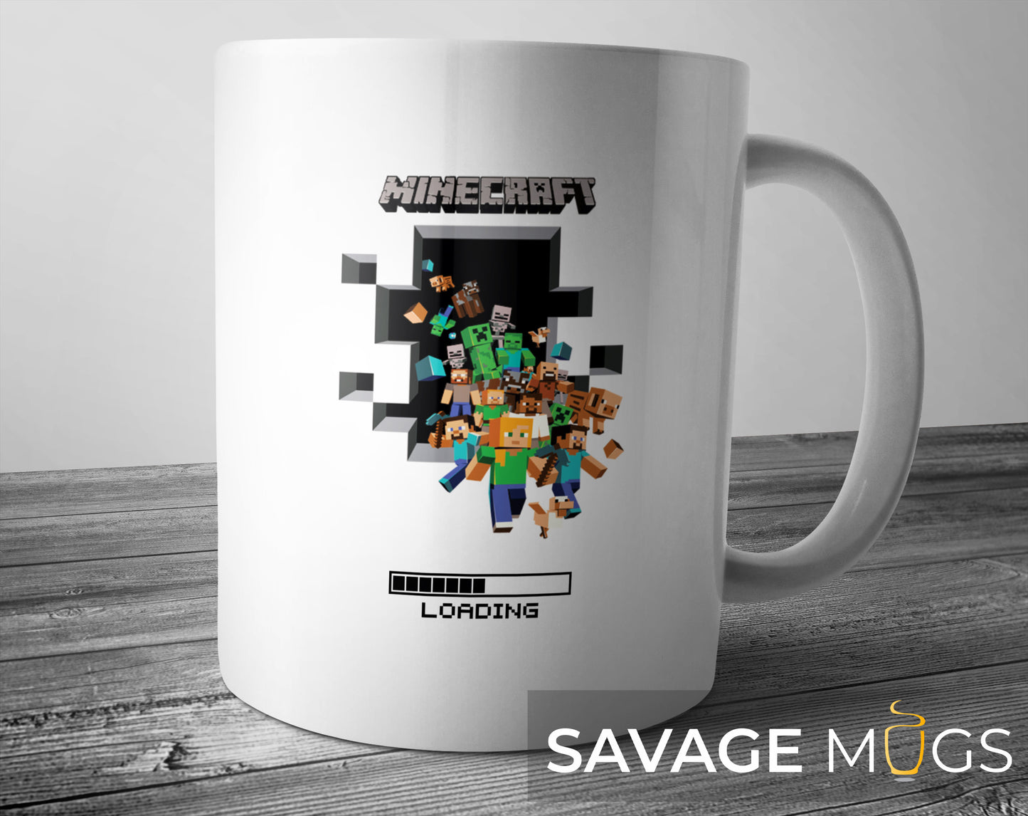 White ceramic mug with Minecraft loading bar and pixel characters gaming design