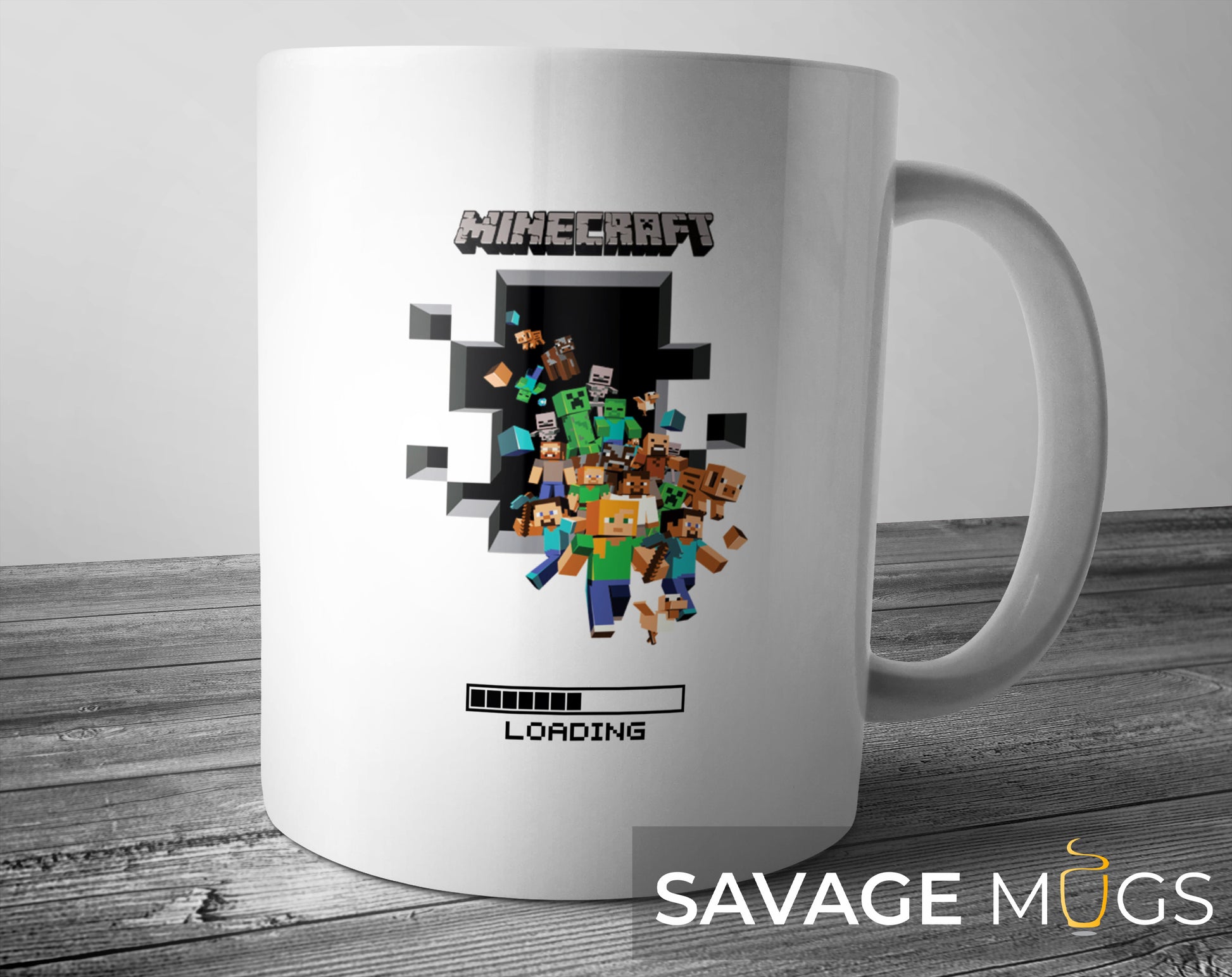 White ceramic mug with Minecraft loading bar and pixel characters gaming design