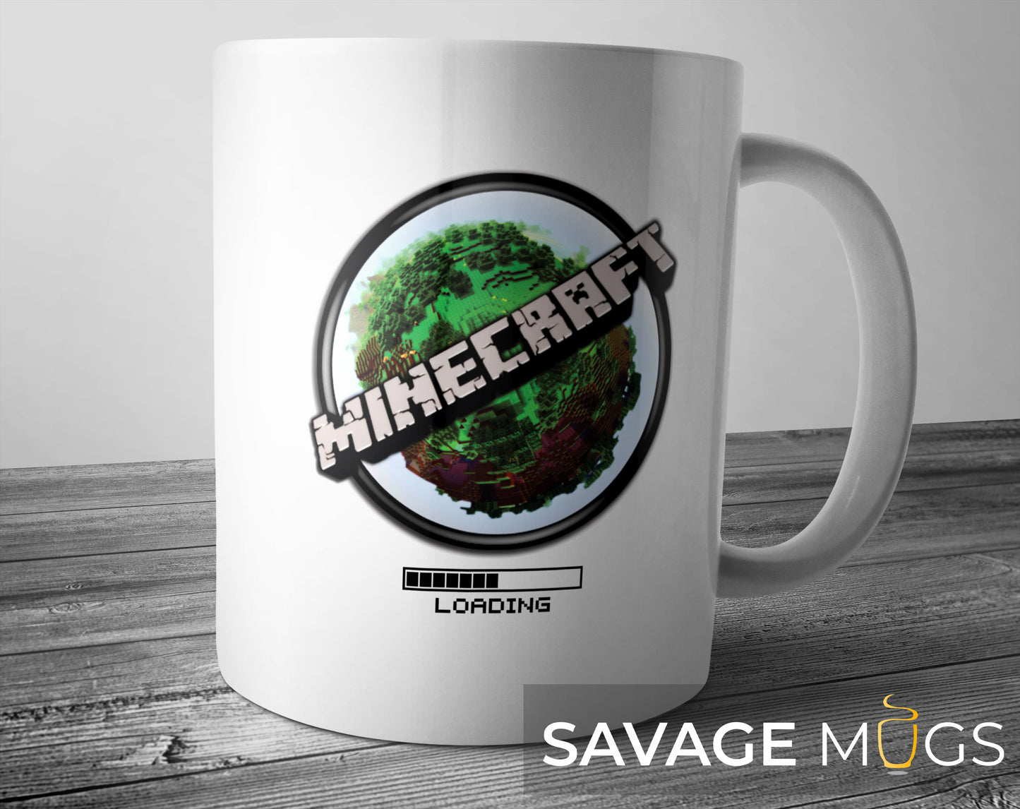 White ceramic mug with Minecraft world loading design and pixel gaming theme