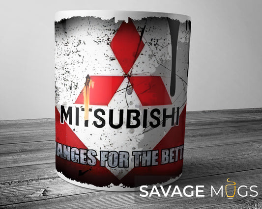 White ceramic mug featuring Mitsubishi three diamond logo with distressed automotive design