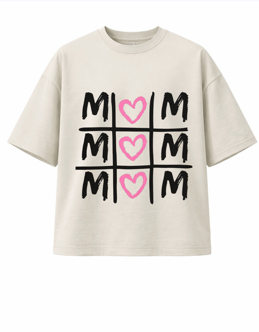 Beige 300 GSM boxy fit cotton T-shirt with MOM grid design and pink hearts, perfect Mother’s Day gift