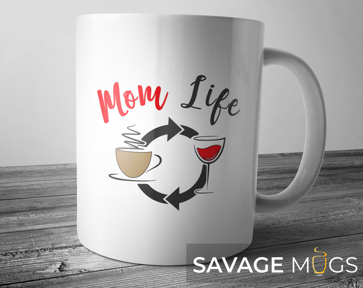 White ceramic mug with Mom Life coffee to wine graphic design for moms