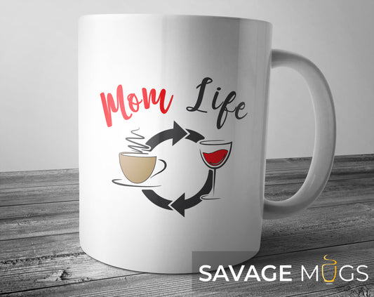 White ceramic mug with Mom Life coffee to wine graphic design for moms