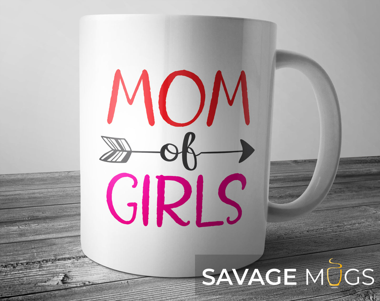White ceramic mug with Mom of Girls text and arrow design for proud moms of daughters