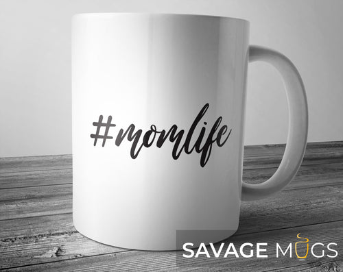 White ceramic mug with #MomLife text design perfect for Mother’s Day or baby shower gift