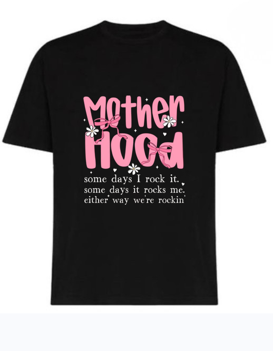 Black 220 GSM cotton t-shirt with pink “Motherhood” text and funny mom life quote design