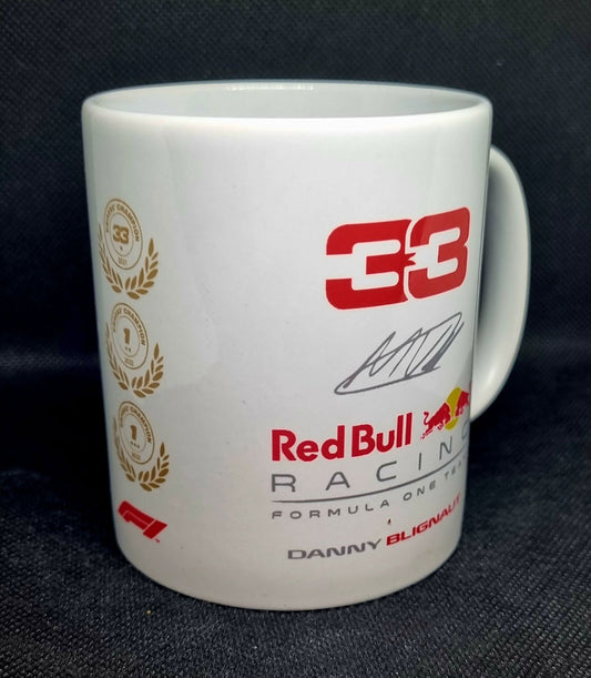 White ceramic mug with motorsport champion inspired racing design