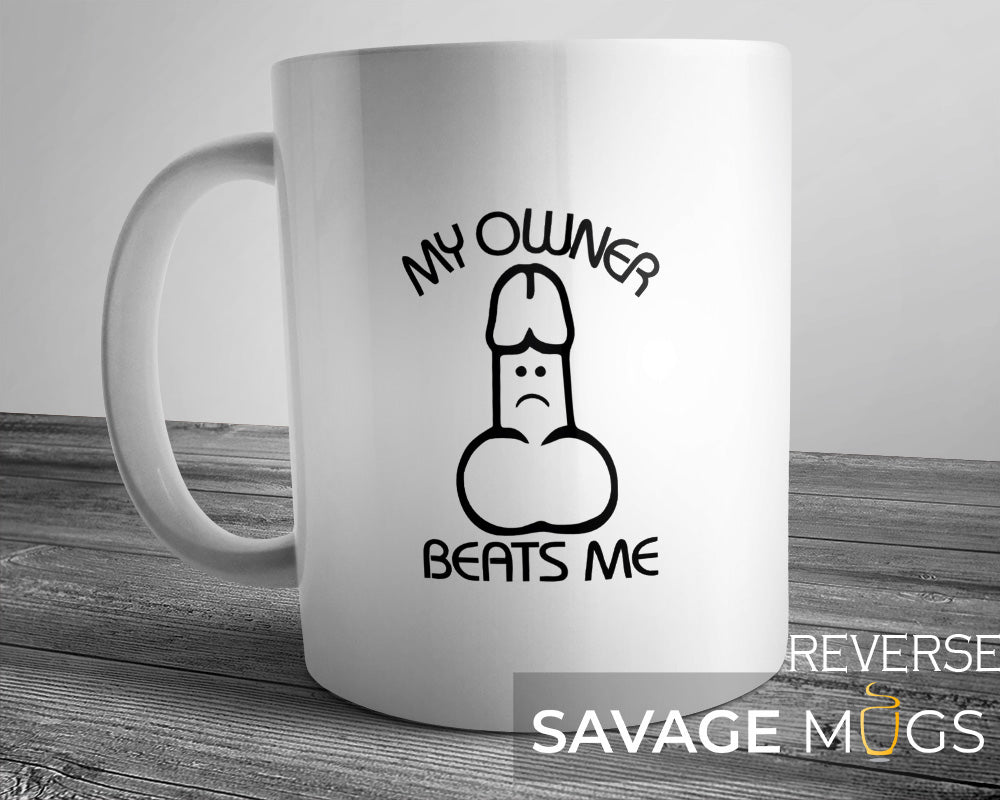 White ceramic mug with humorous cartoon graphic and adult humour phrase