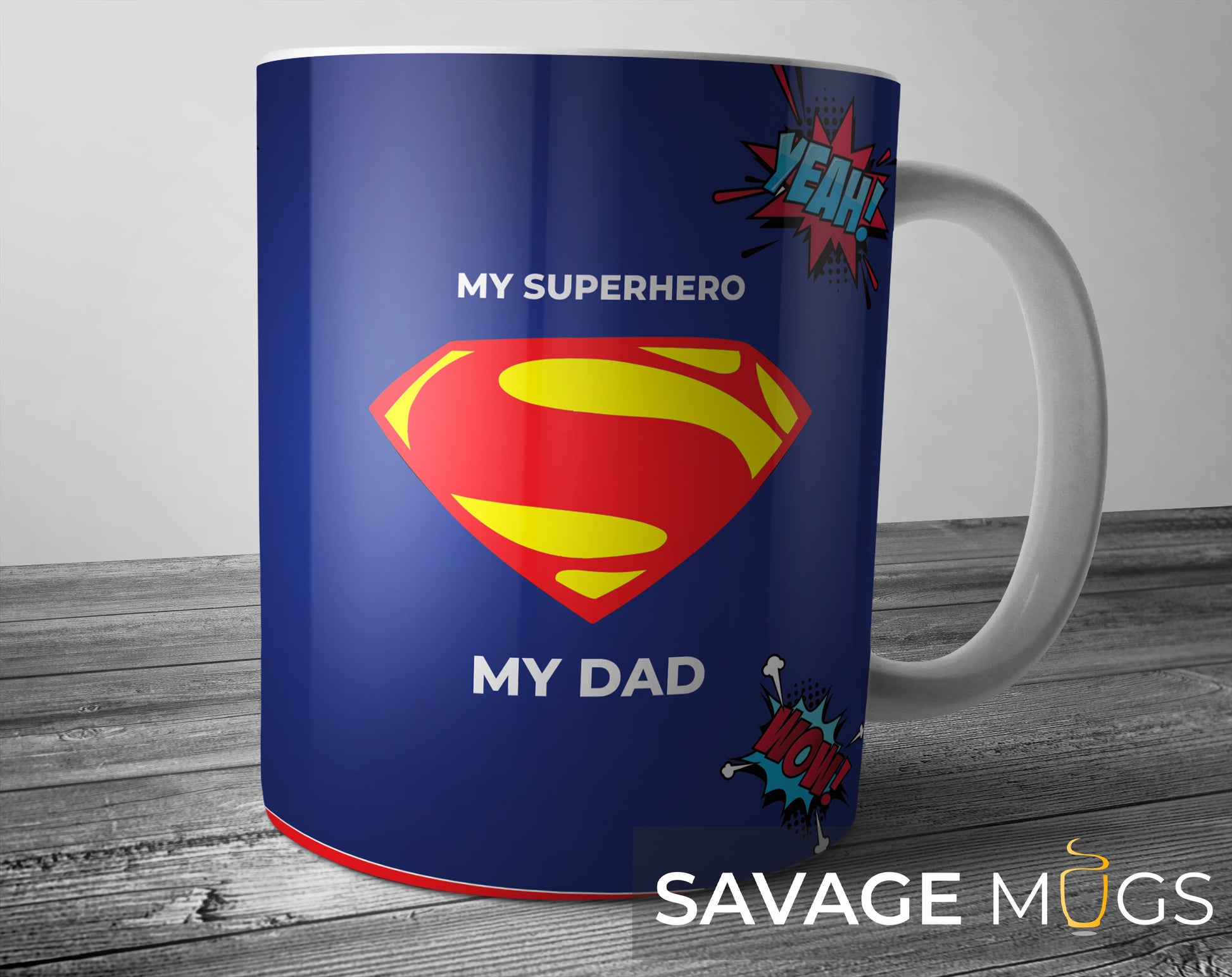 Blue coffee mug with superhero symbol and My Superhero My Dad text