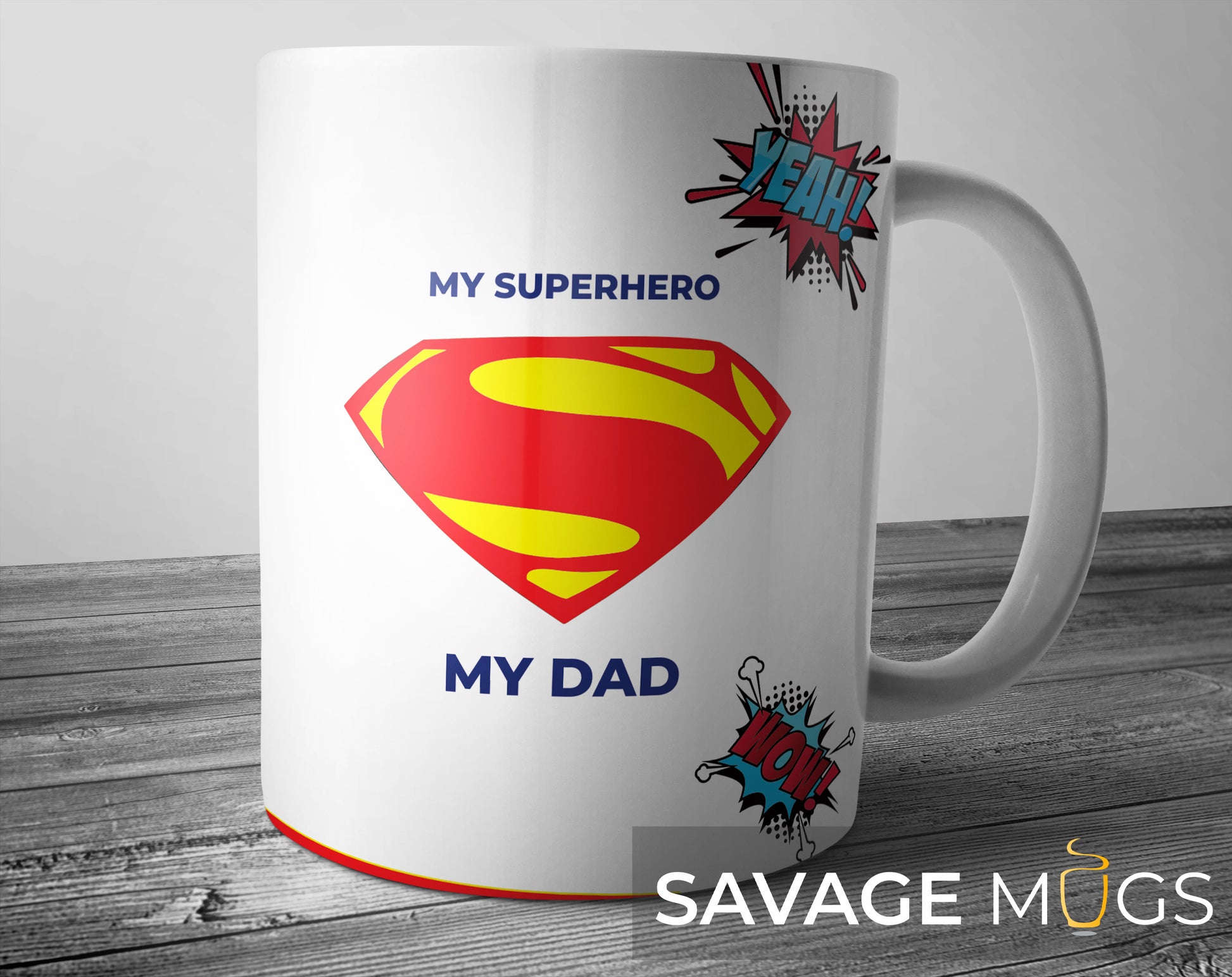 White ceramic mug with superhero emblem and My Superhero My Dad text