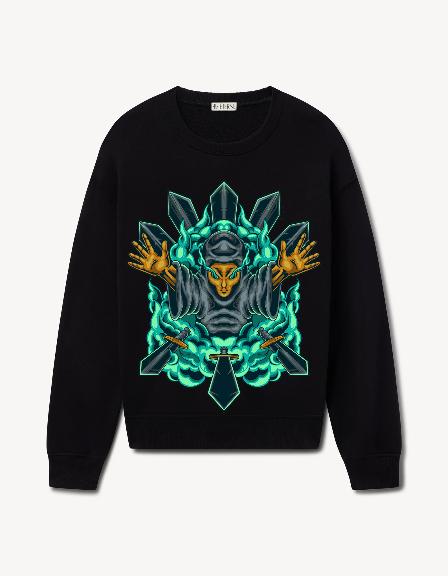 Black sweatshirt featuring a mystic warrior with glowing teal flames and crossed blades design