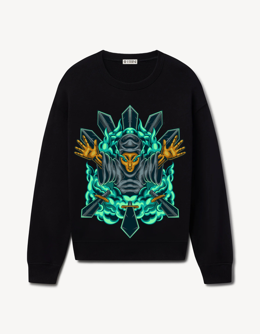 Black sweatshirt featuring a mystic warrior with glowing teal flames and crossed blades design