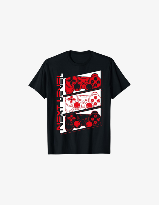 Black gaming T-shirt featuring stacked red and white game controllers with Next Level gamer design