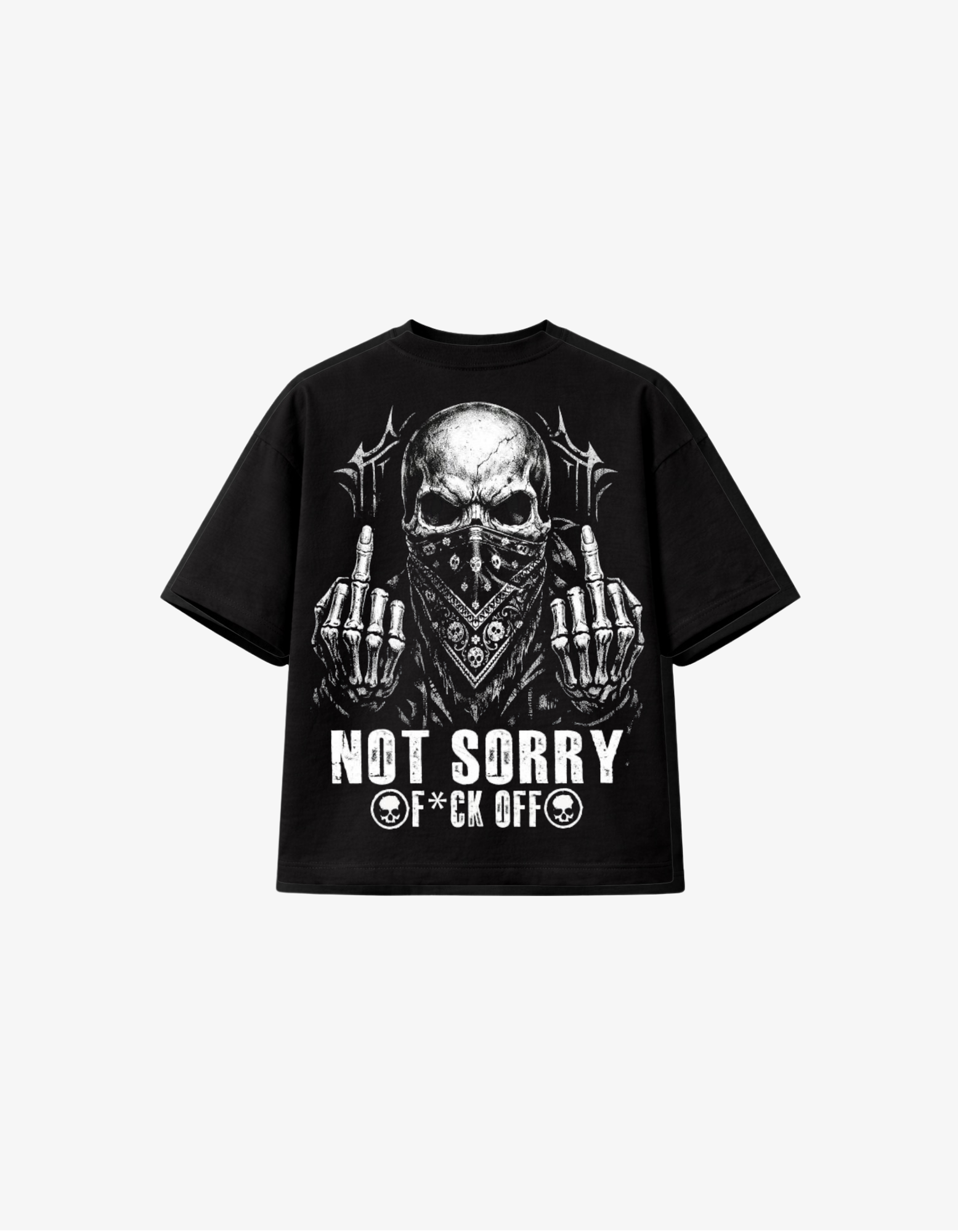 Black 300 GSM boxy fit T-shirt with skull bandana graphic and Not Sorry rebellious streetwear design printed in South Africa
