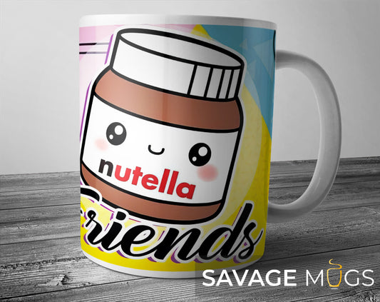 White ceramic mug with cute cartoon Nutella jar illustration and friends themed design