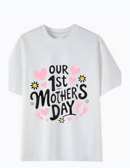 White 180GSM cotton T-shirt with “Our 1st Mother’s Day” text, pink hearts, flowers and baby footprints design