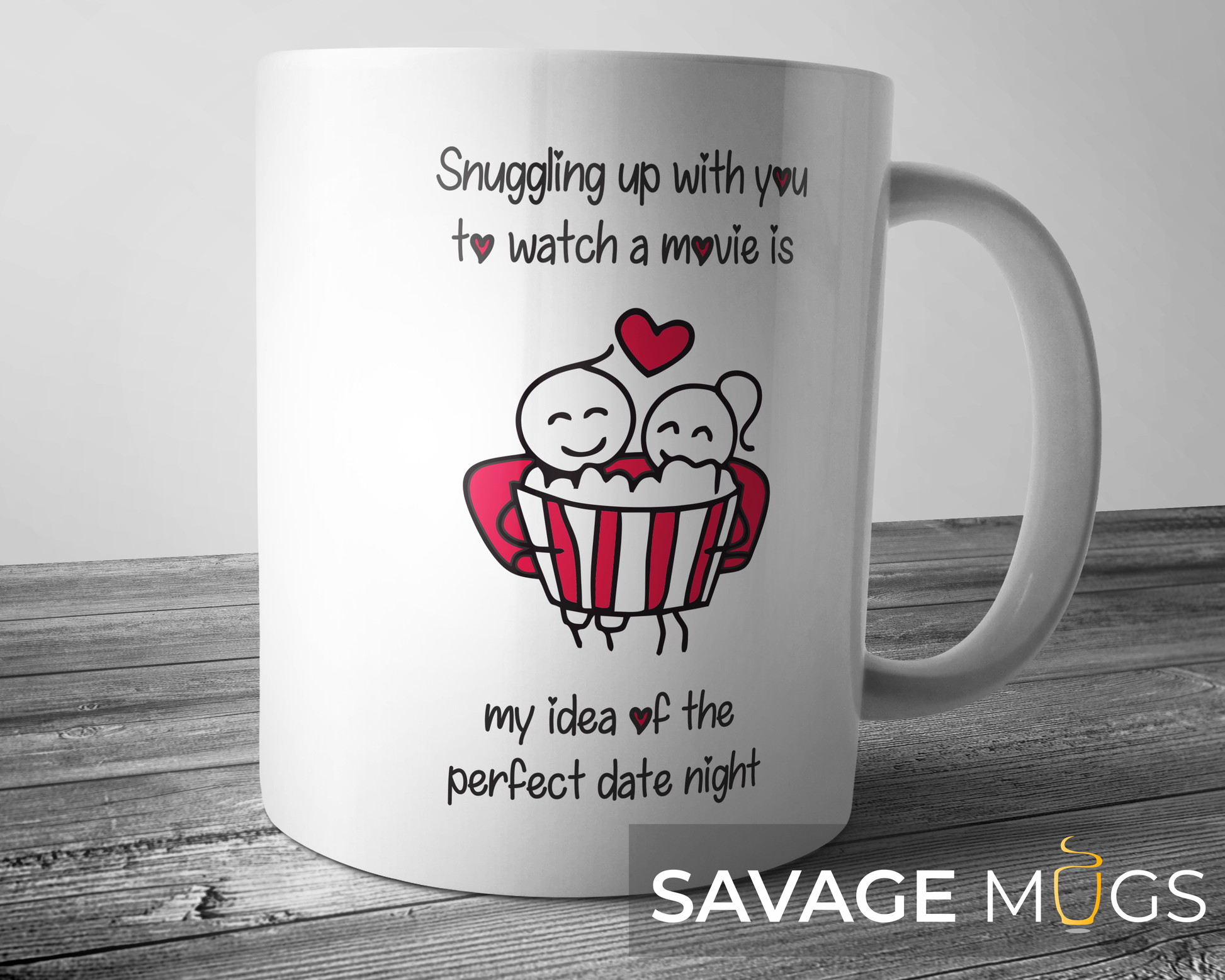 White ceramic mug with couple illustration enjoying movie night and popcorn