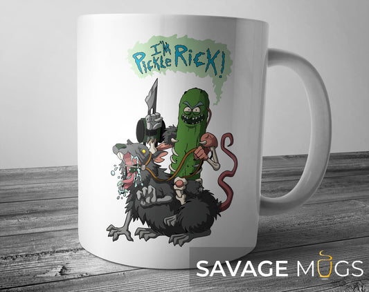 White ceramic mug with funny pickle scientist cartoon design