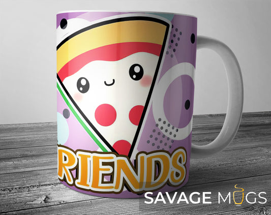 White ceramic mug featuring cute cartoon pizza slice and beer friends design