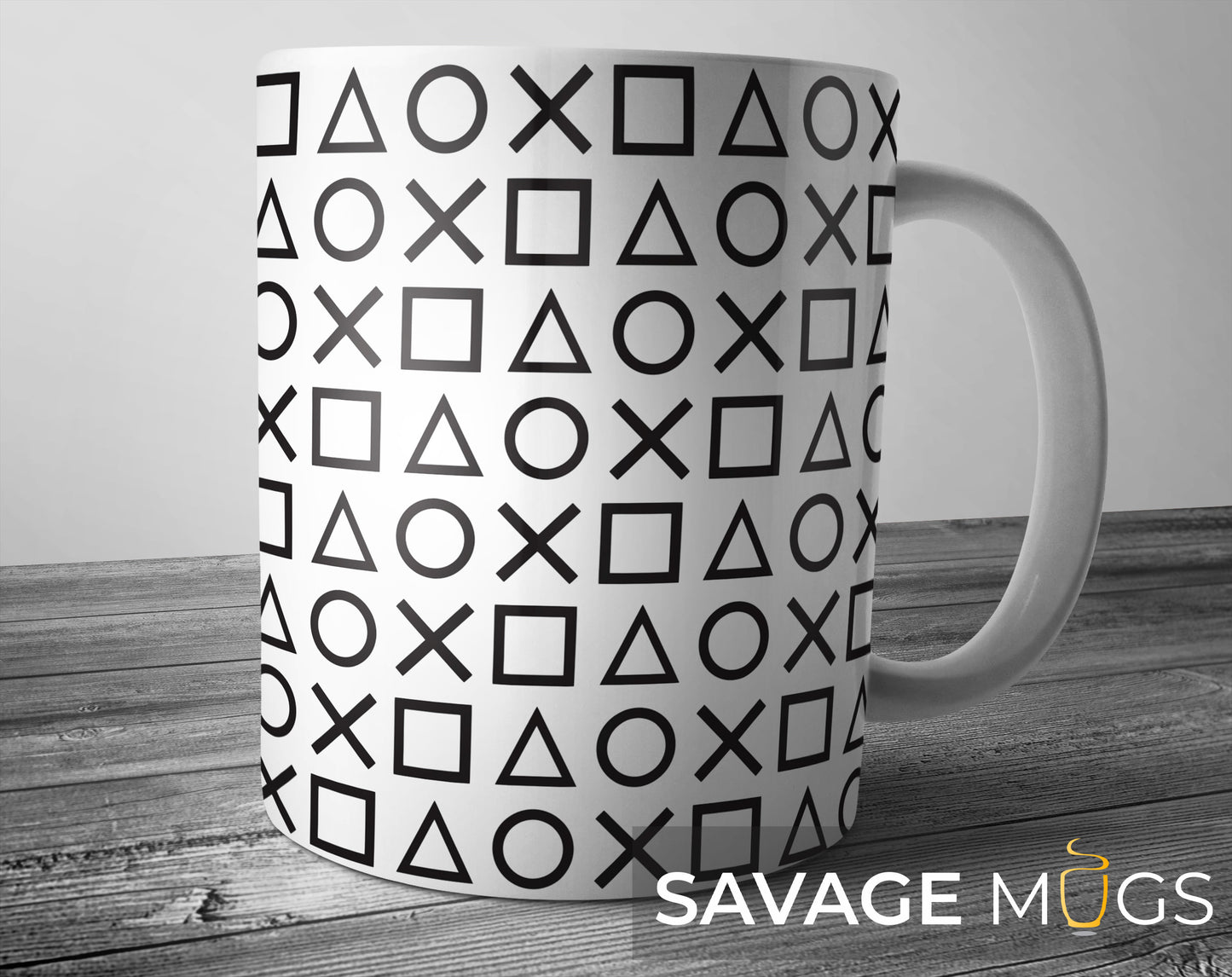 White ceramic mug with PlayStation controller symbols pattern design