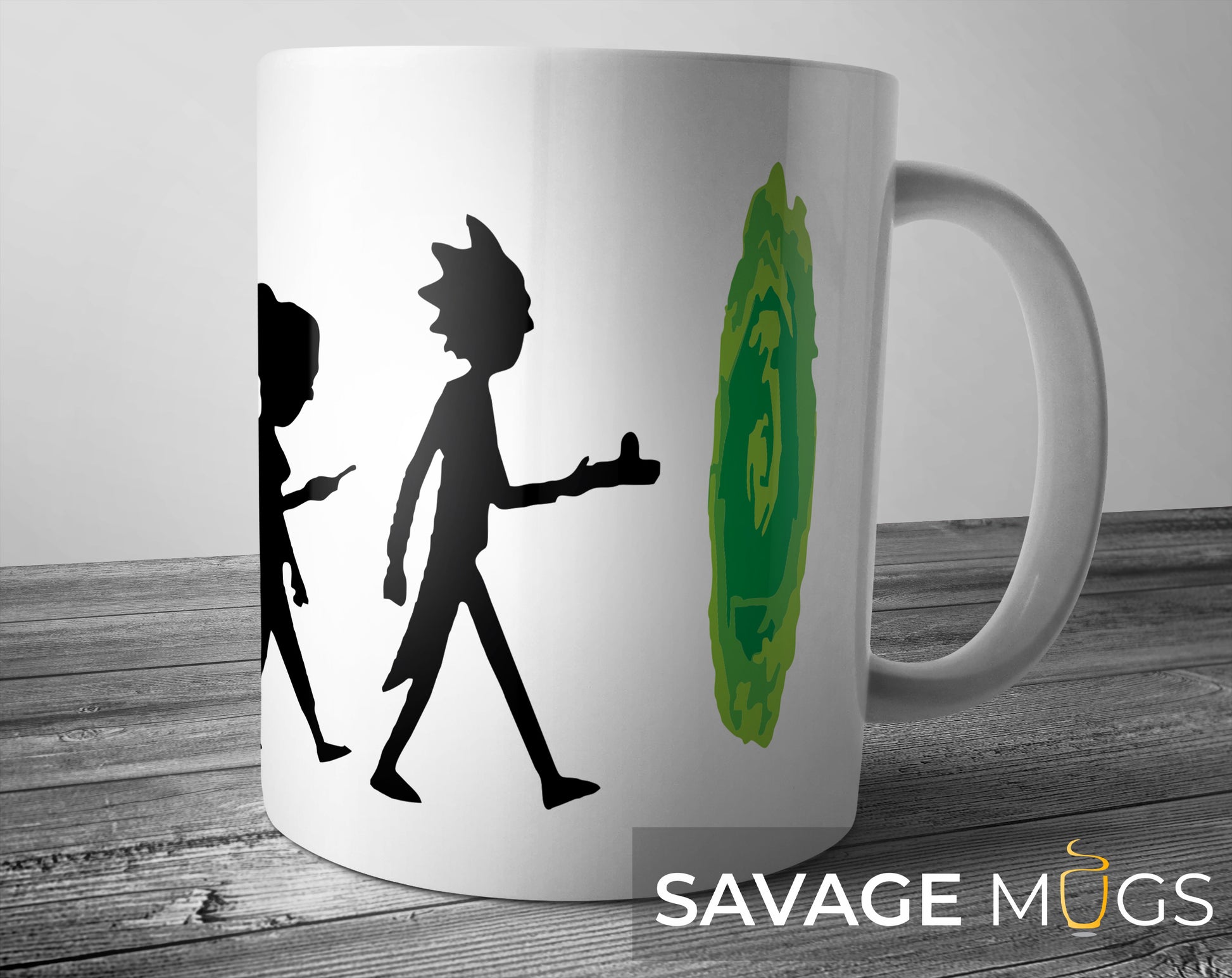 White ceramic mug with sci-fi cartoon silhouettes walking into green portal