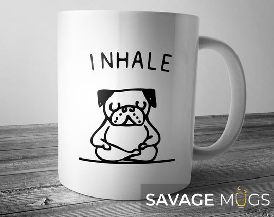 White ceramic mug with meditating pug inhale design for yoga and mindfulness