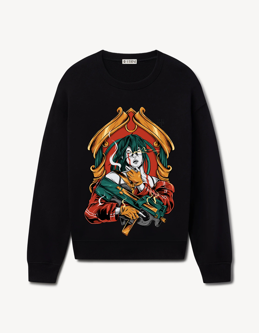 Black sweatshirt featuring a stylised woman with a weapon framed in gold with red and teal accents
