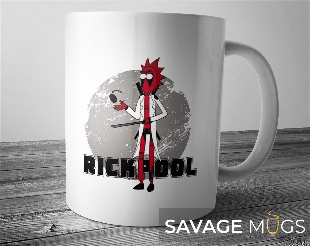 White ceramic mug with funny sci-fi superhero mashup character design