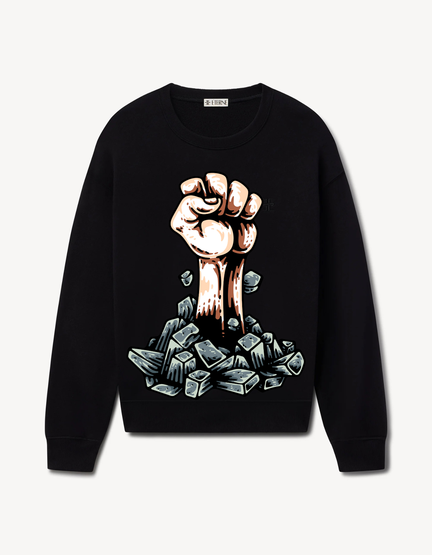 Black sweatshirt featuring a raised fist breaking through concrete design