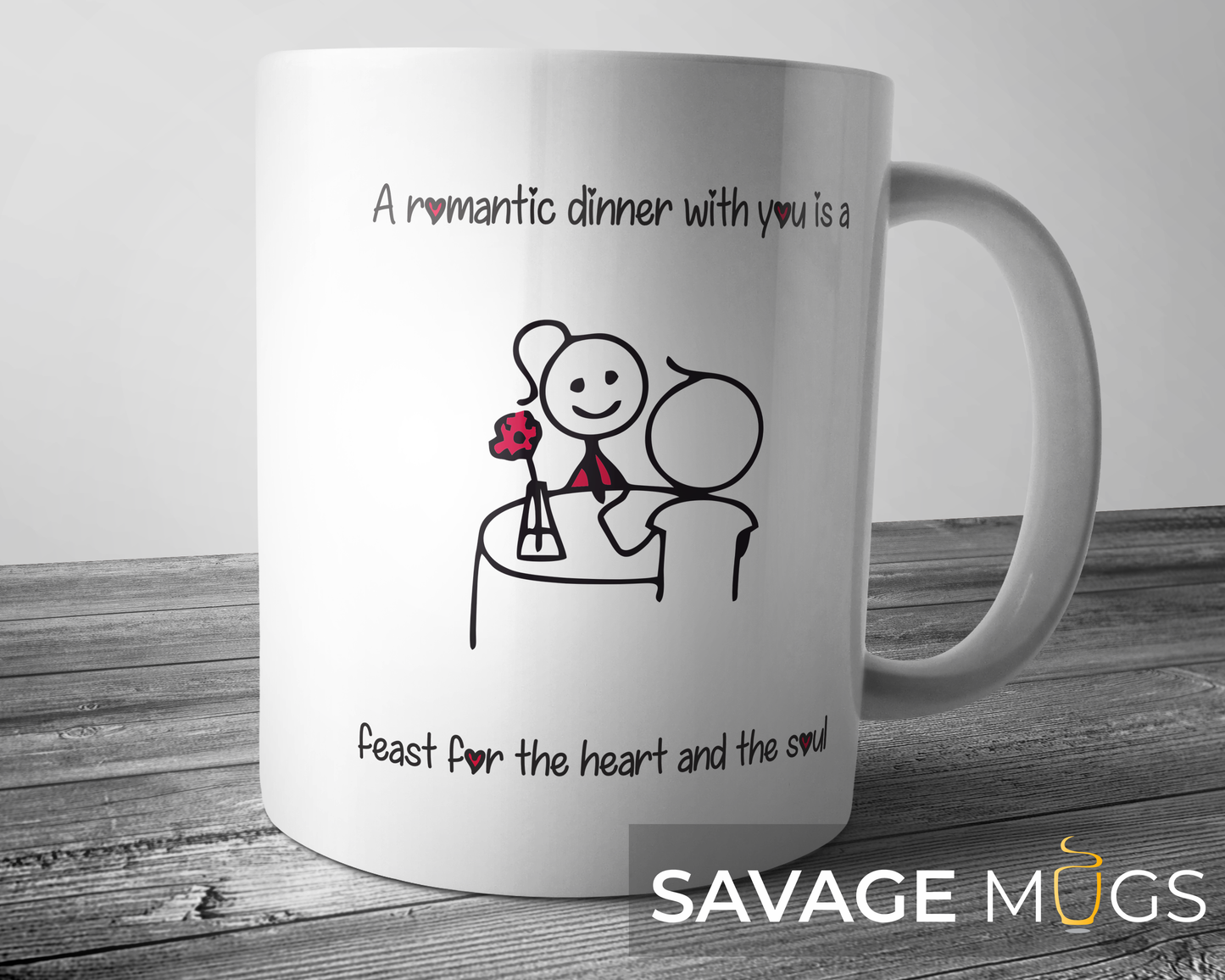 White ceramic mug with couple illustration and romantic dinner message