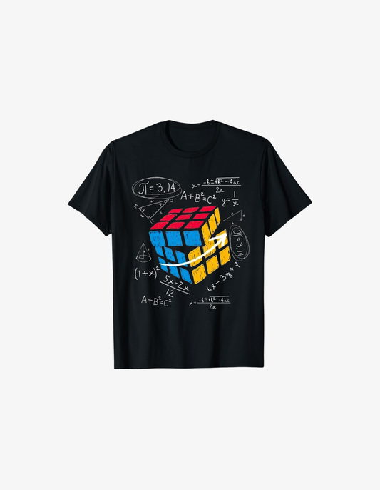 Black T-shirt featuring colorful Rubik’s cube surrounded by math formulas and geometry sketches