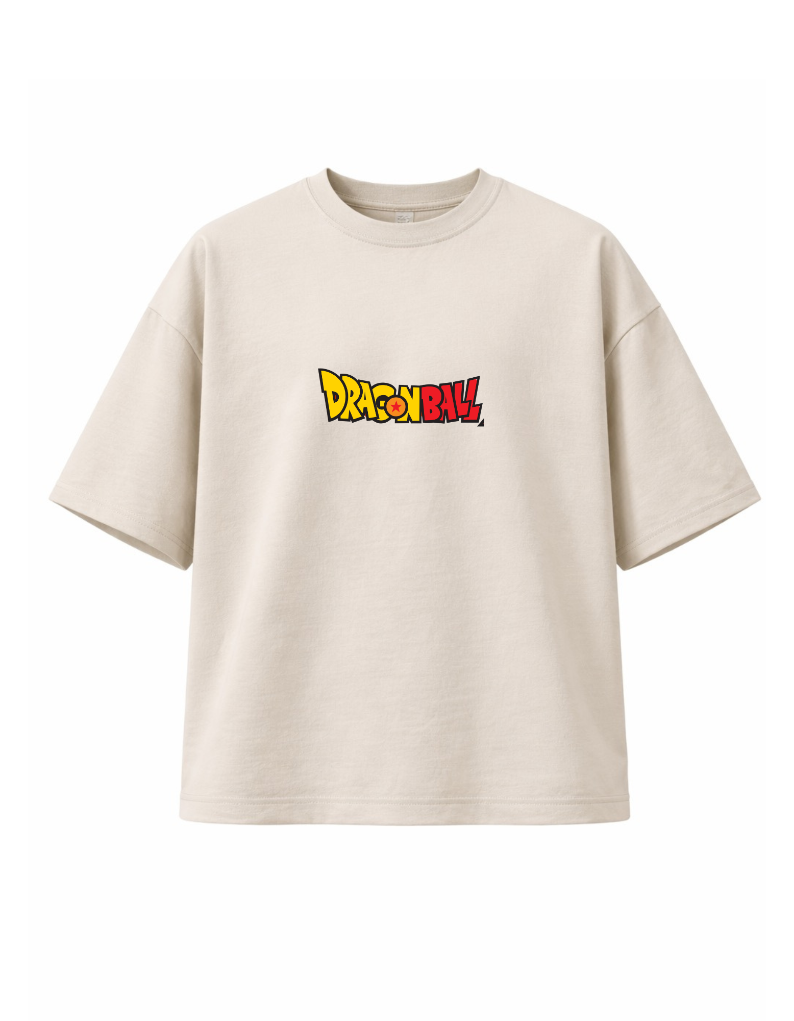 Beige heavyweight boxy T-shirt with orange saiyan silhouette anime-inspired graphic
