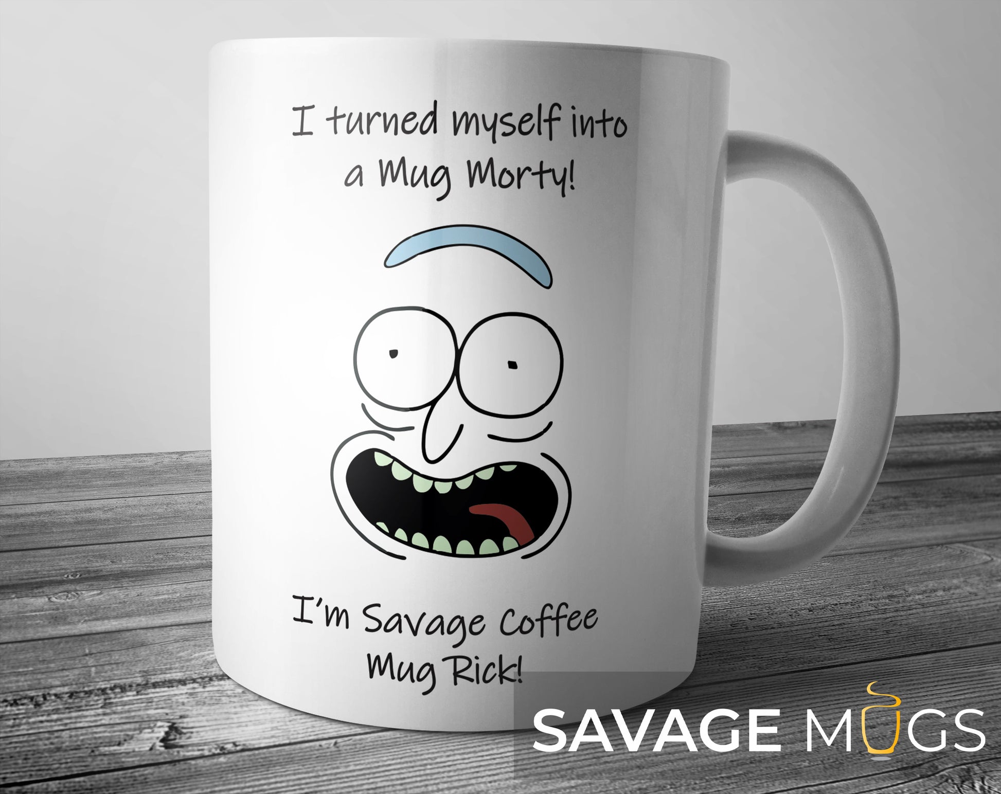 White ceramic mug with funny sci-fi cartoon scientist quote design