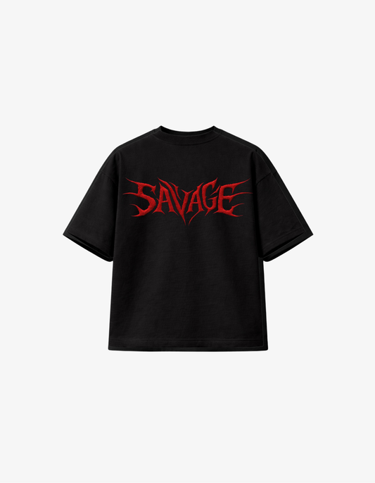 Black 300 GSM boxy fit T-shirt with bold red savage gothic lettering streetwear graphic printed in South Africa