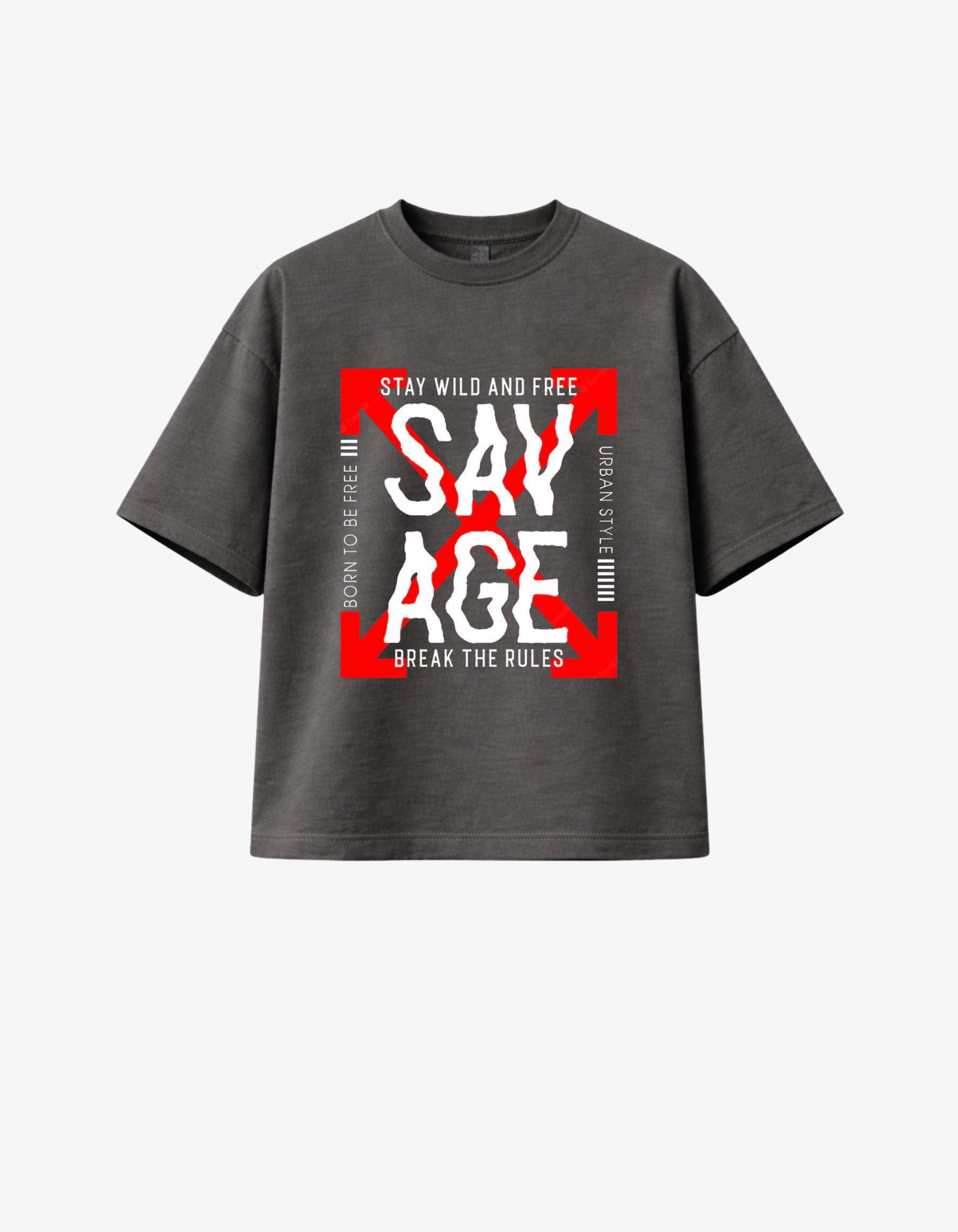 Dark grey 300 GSM boxy fit T-shirt with bold Savage streetwear typography graphic printed in South Africa