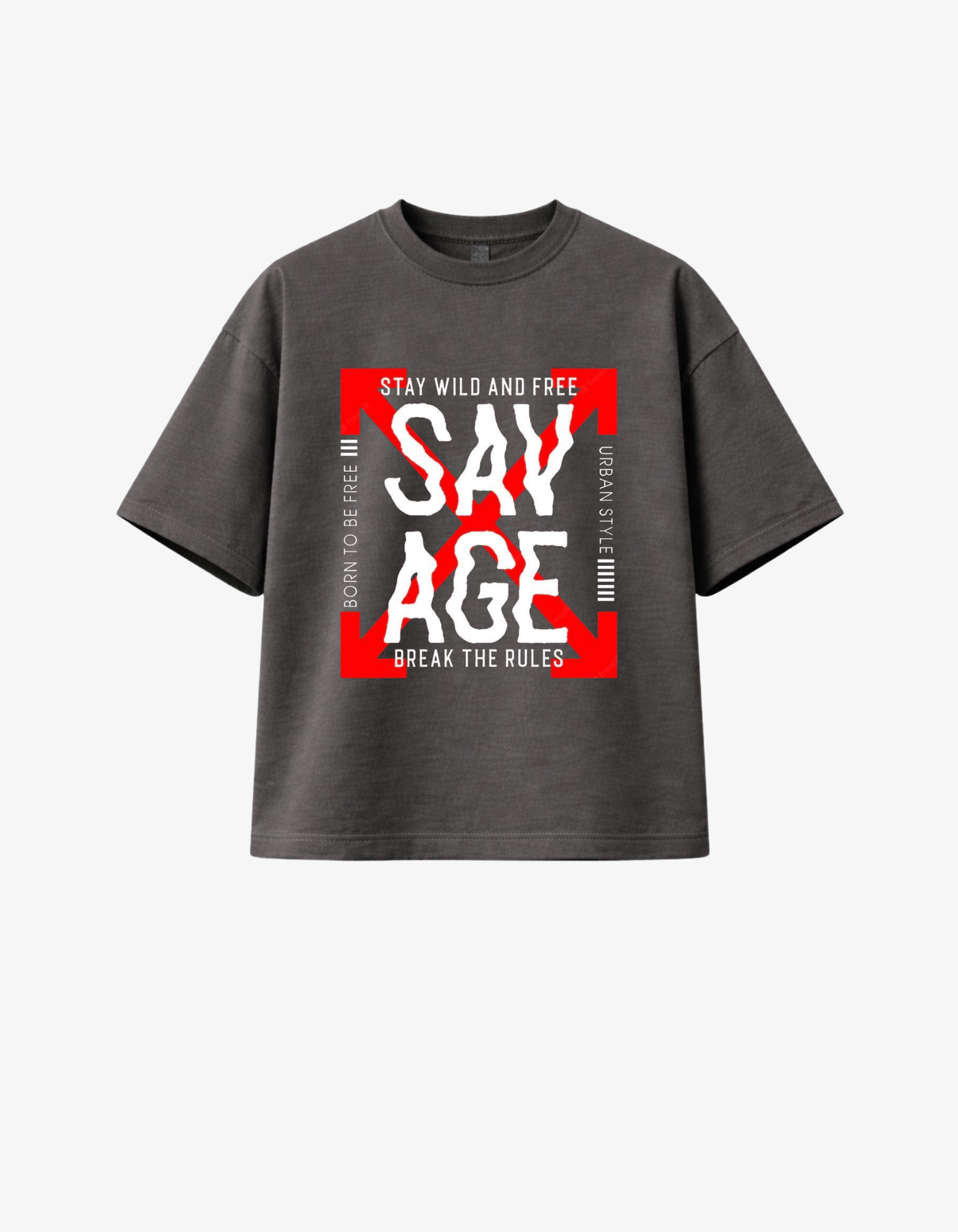 Dark grey 300 GSM boxy fit T-shirt with bold Savage streetwear typography graphic printed in South Africa