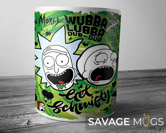White ceramic mug with colourful sci-fi cartoon mashup collage design